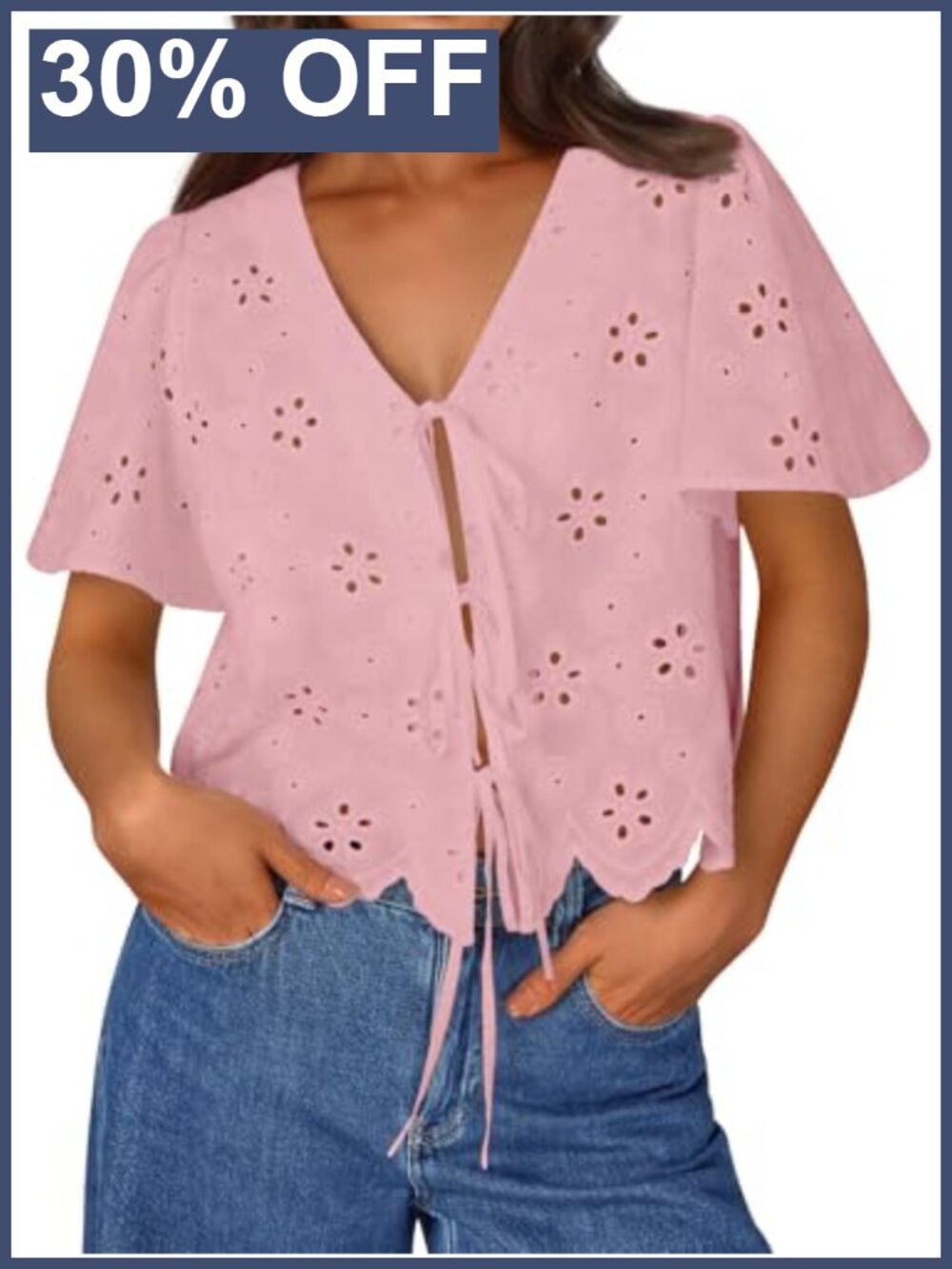 Womens 100% Cotton Eyelet Lace Up Tie Front Summer Blouse